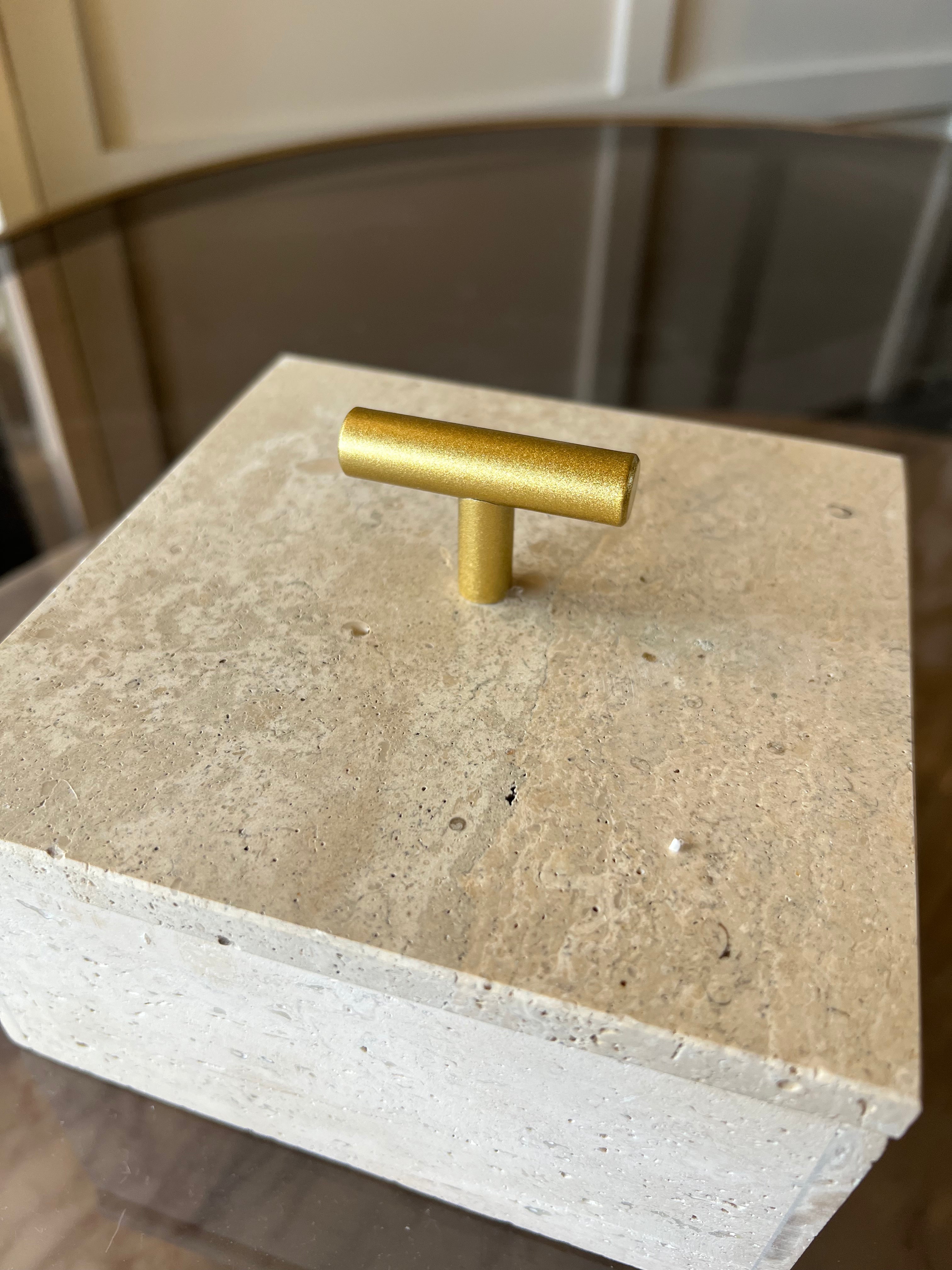Beige Stone Ornament Box with Brass Lid