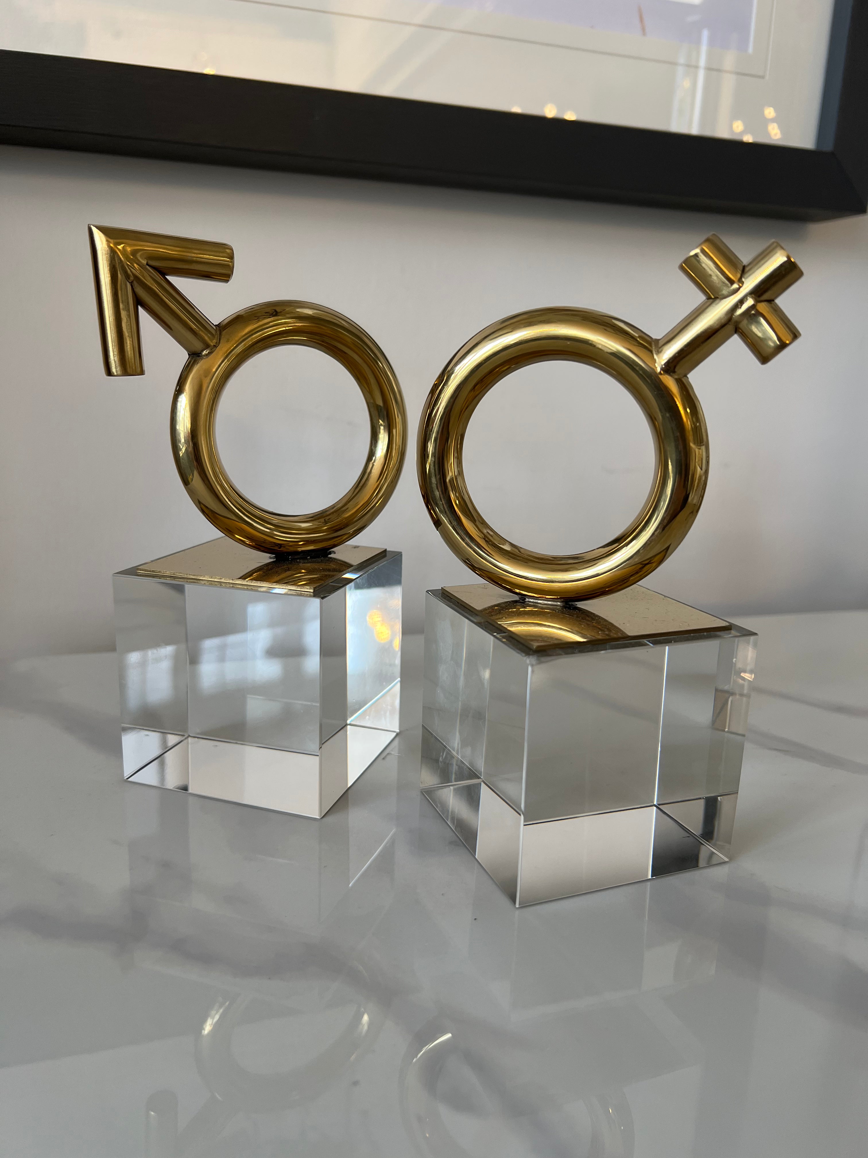 Set of 2 Gold Sculptures on Glass Base