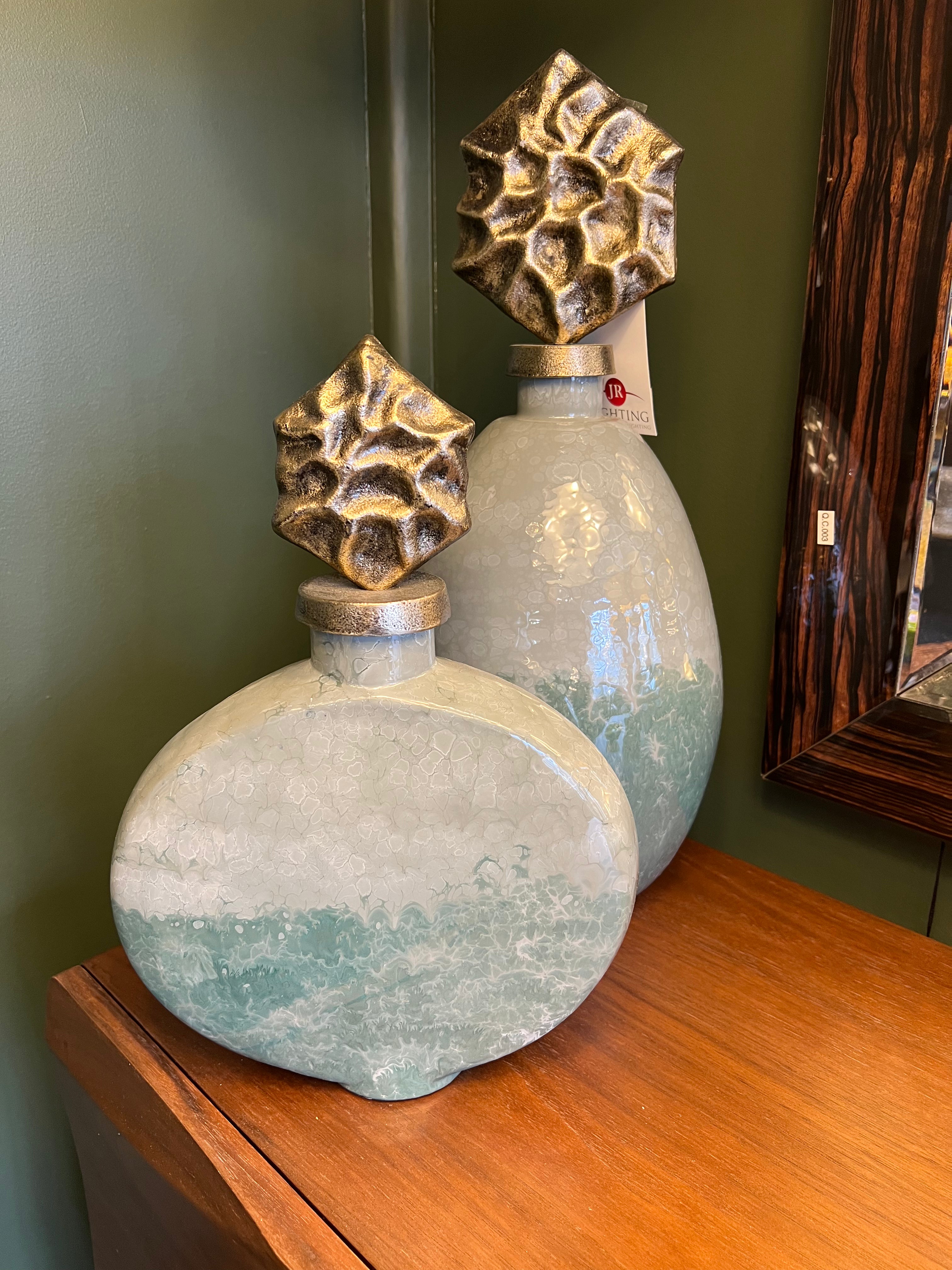 Tall Green Glass Statue with Brass Lid