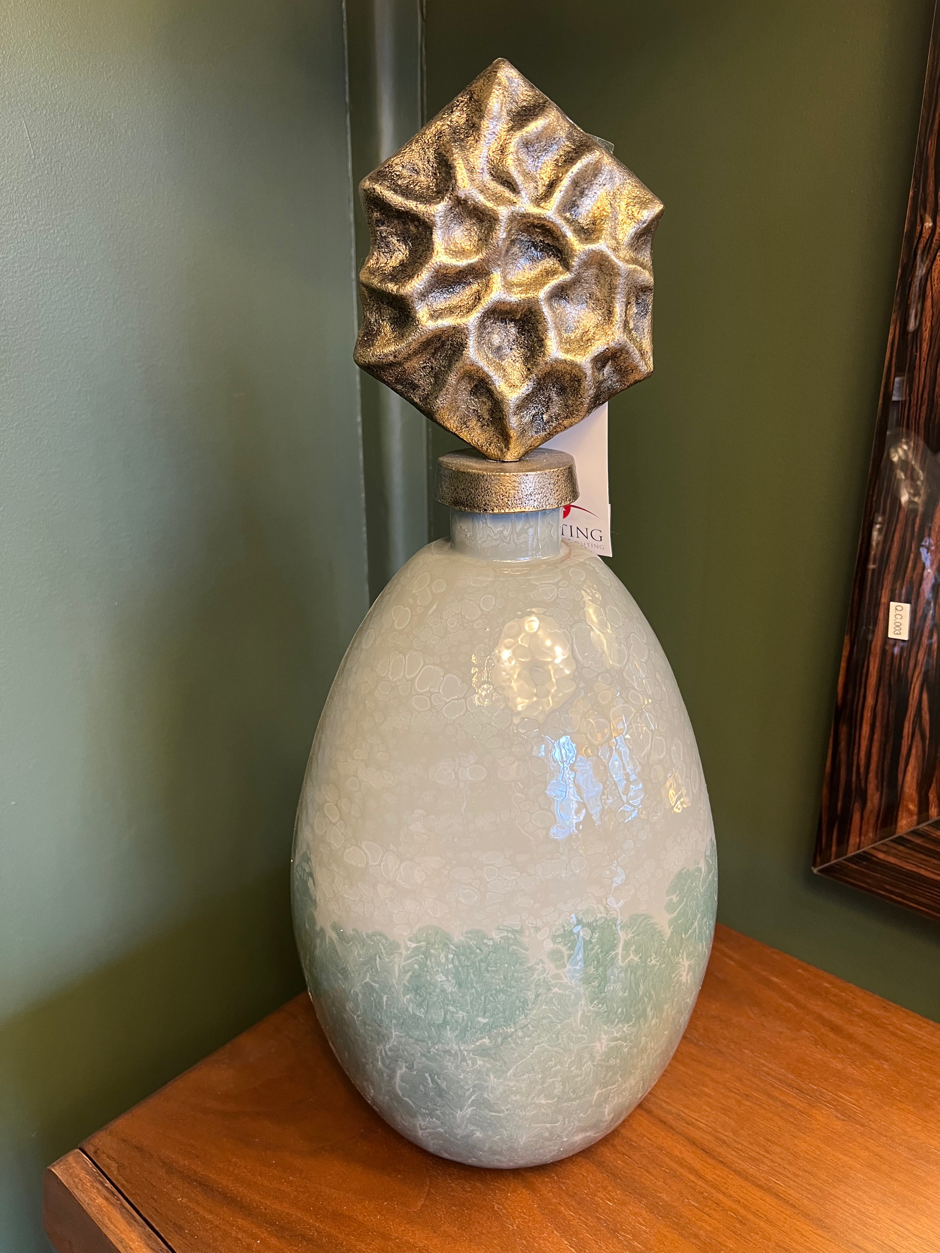 Tall Green Glass Statue with Brass Lid