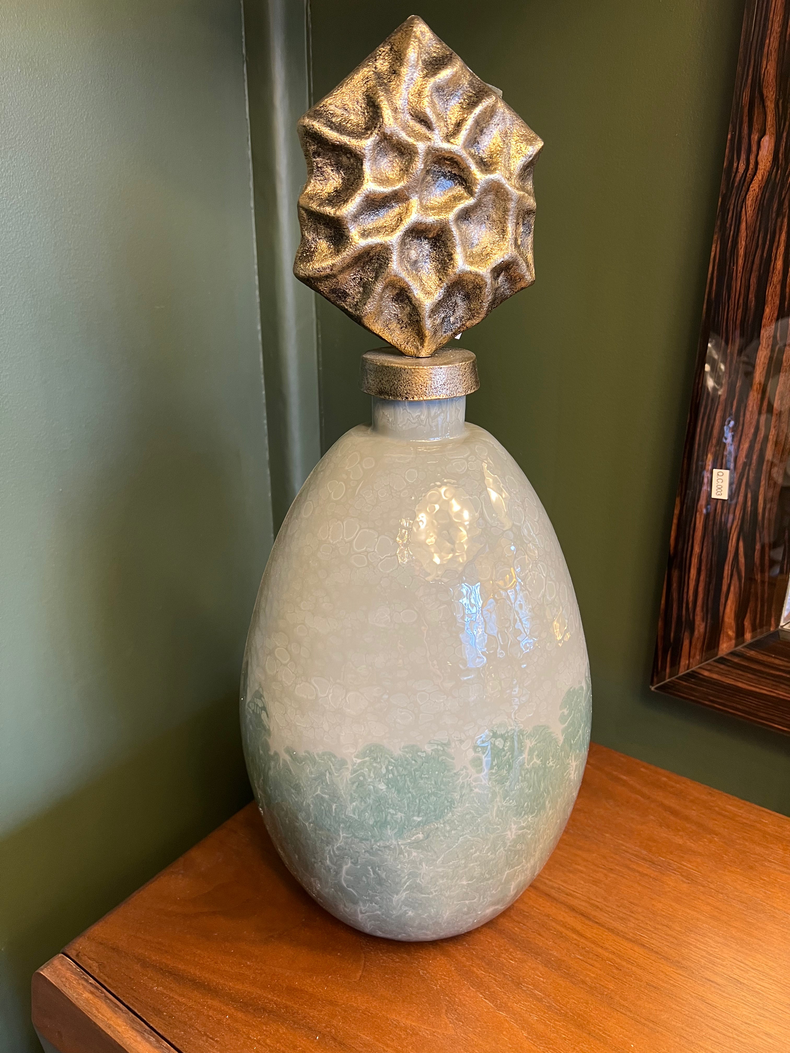 Tall Green Glass Statue with Brass Lid