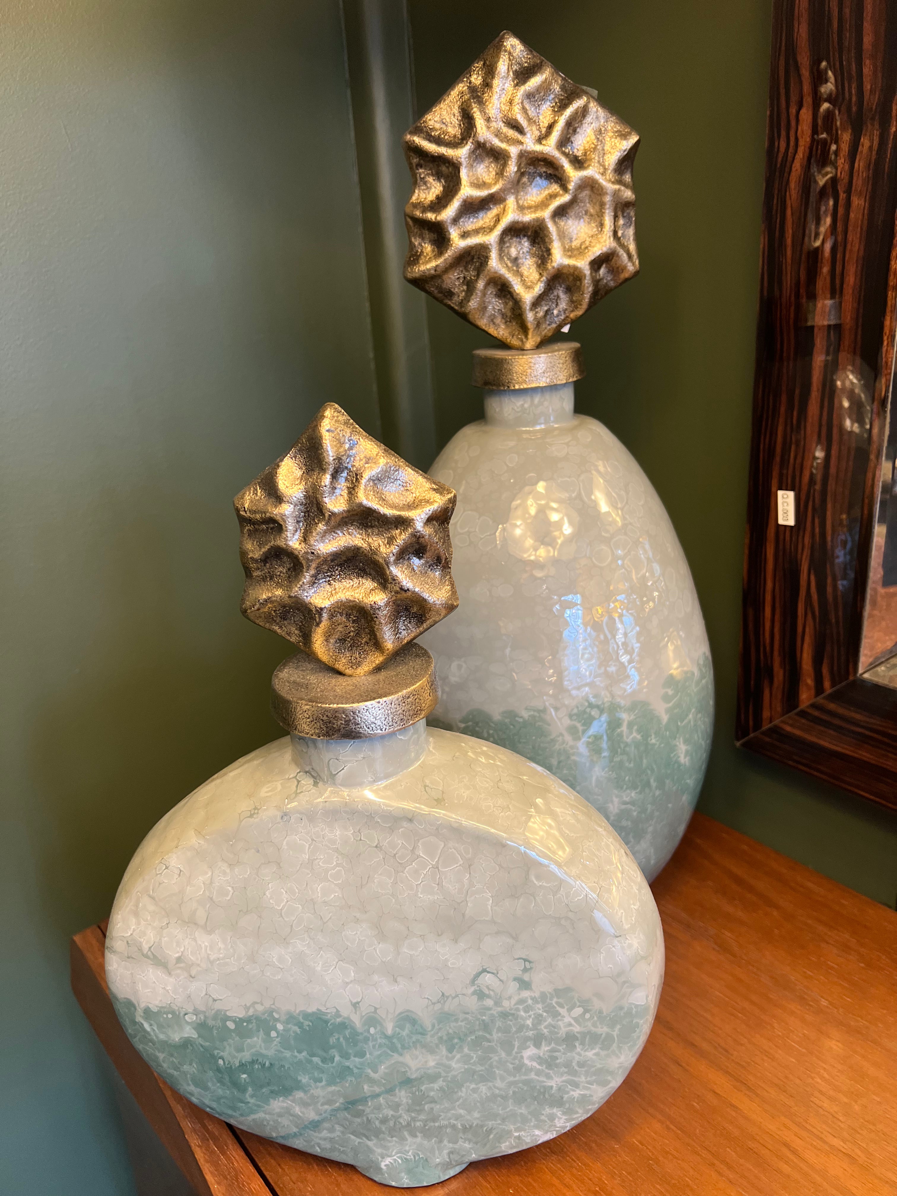 Small Green Glass Statue with Brass Lid