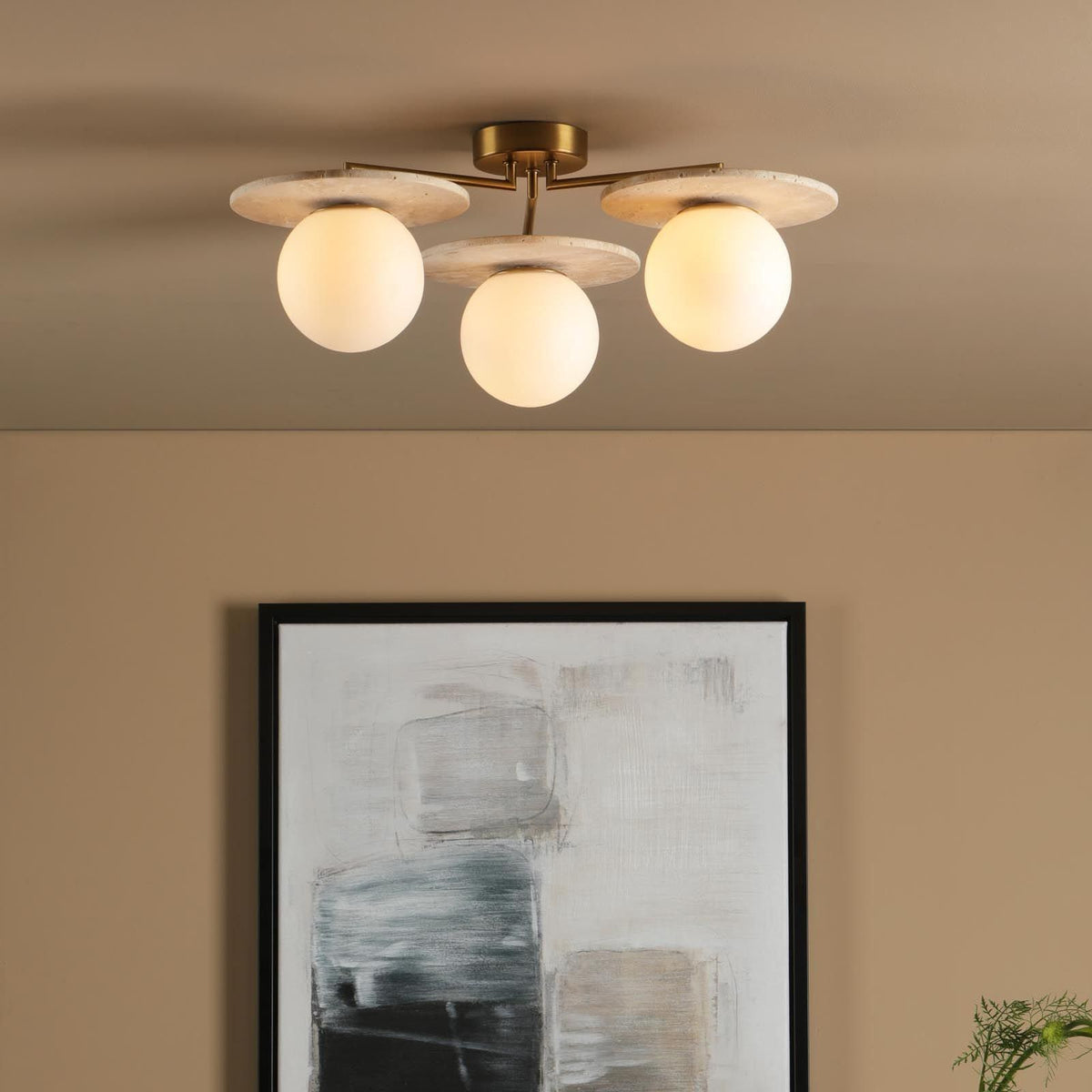 Inaya 3 Light Brass & Travertime Semi Flush Fitting