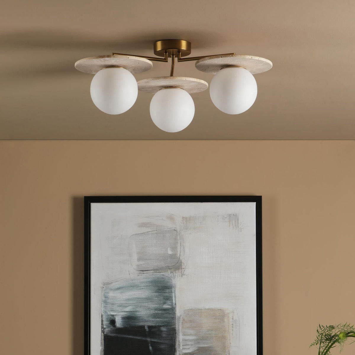 Inaya 3 Light Brass & Travertime Semi Flush Fitting