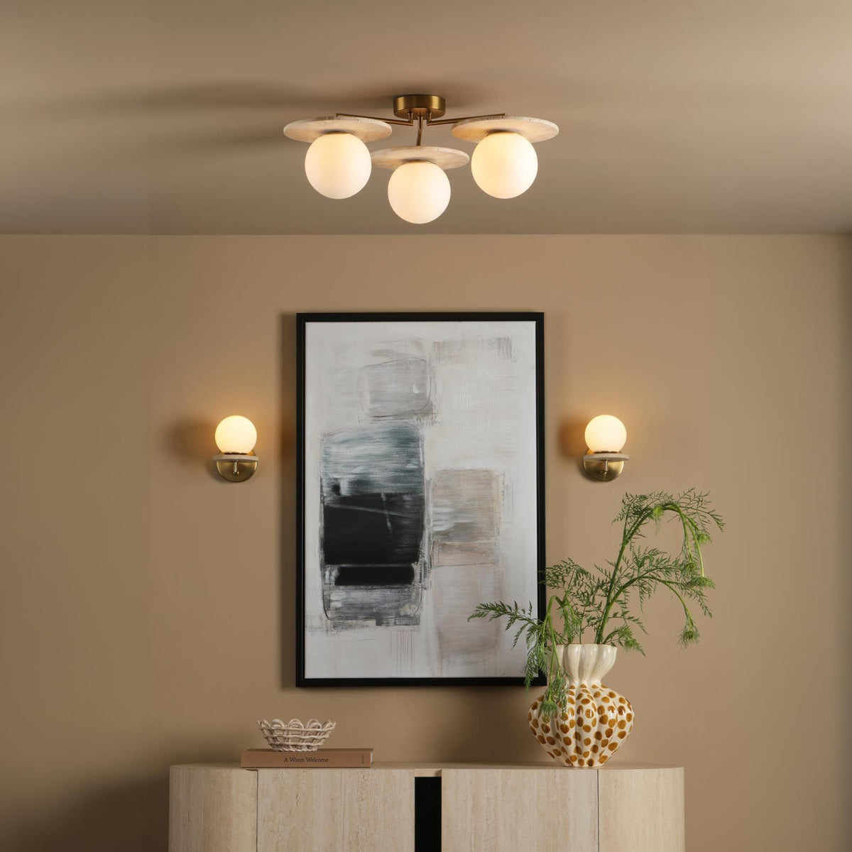 Inaya 3 Light Brass & Travertime Semi Flush Fitting