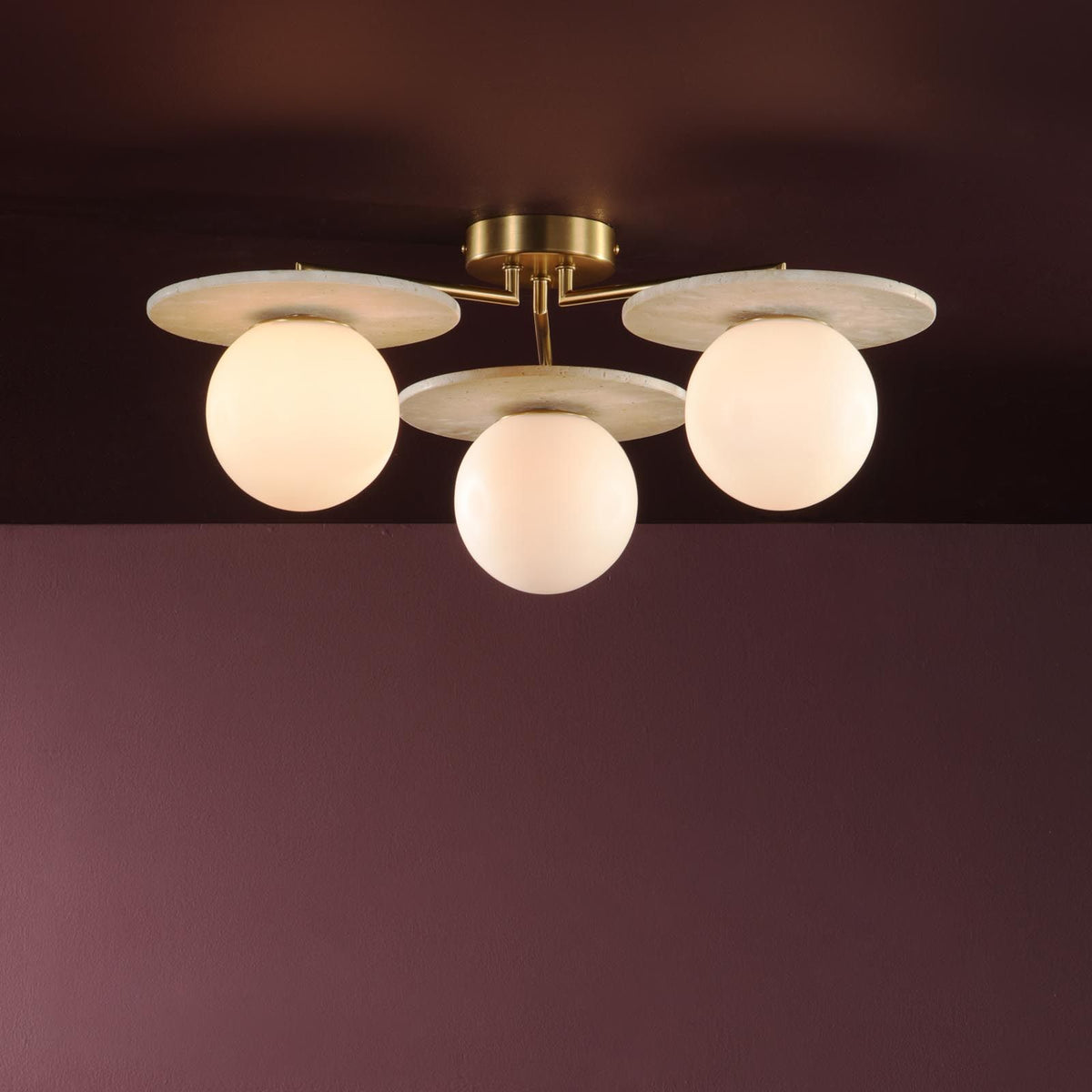 Inaya 3 Light Brass & Travertime Semi Flush Fitting