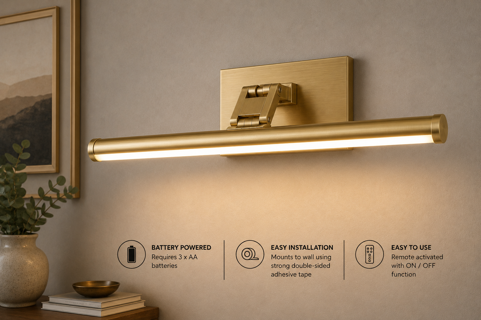 Large Battery Operated LED Picture Light in Brass