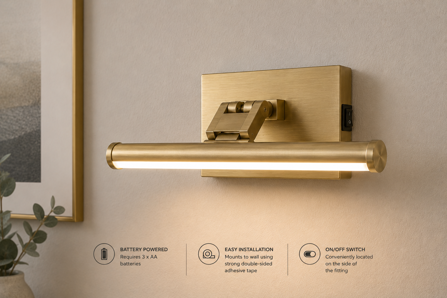 Medium Battery Operated LED Picture Light in Brass