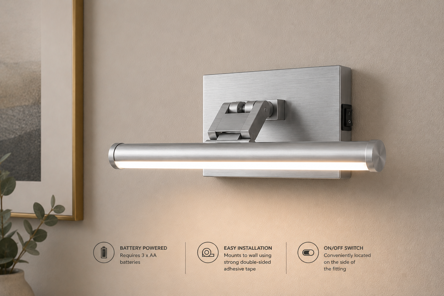 Medium Battery Operated LED Picture Light in Silver