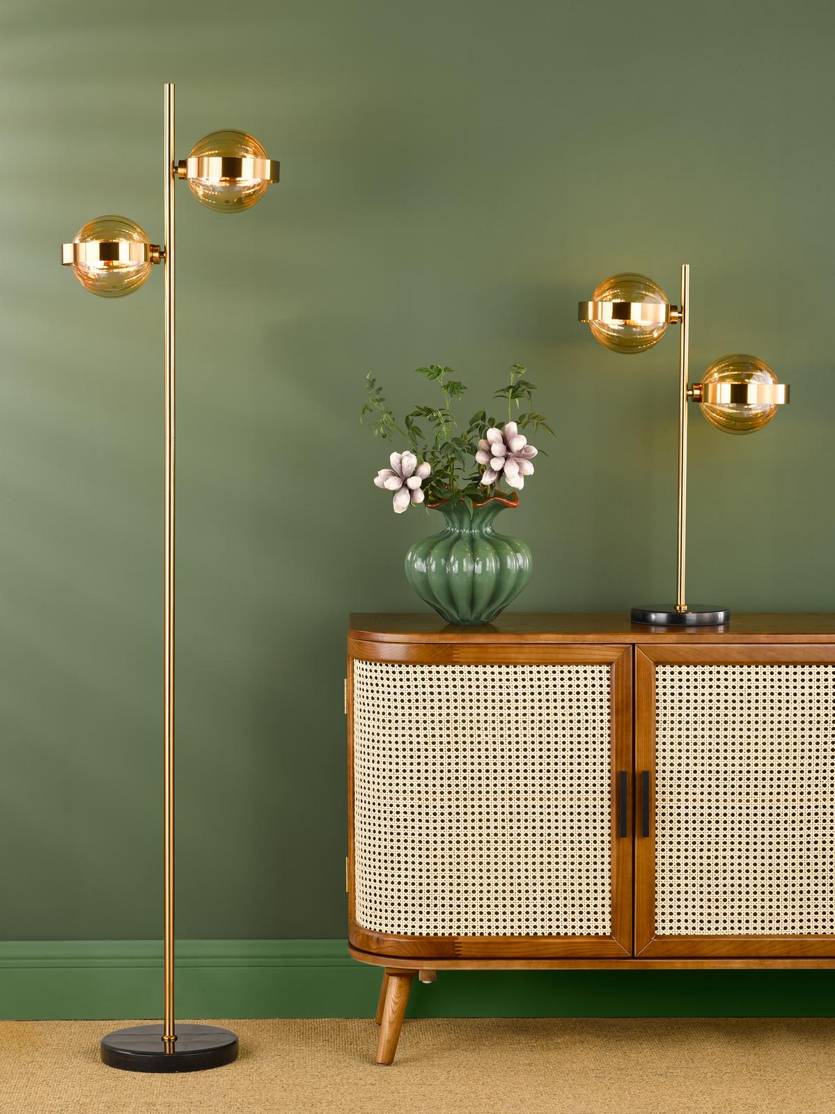 Ophira 2 Light Table Lamp Antique Gold Black Marble and Amber Ribbed Glass