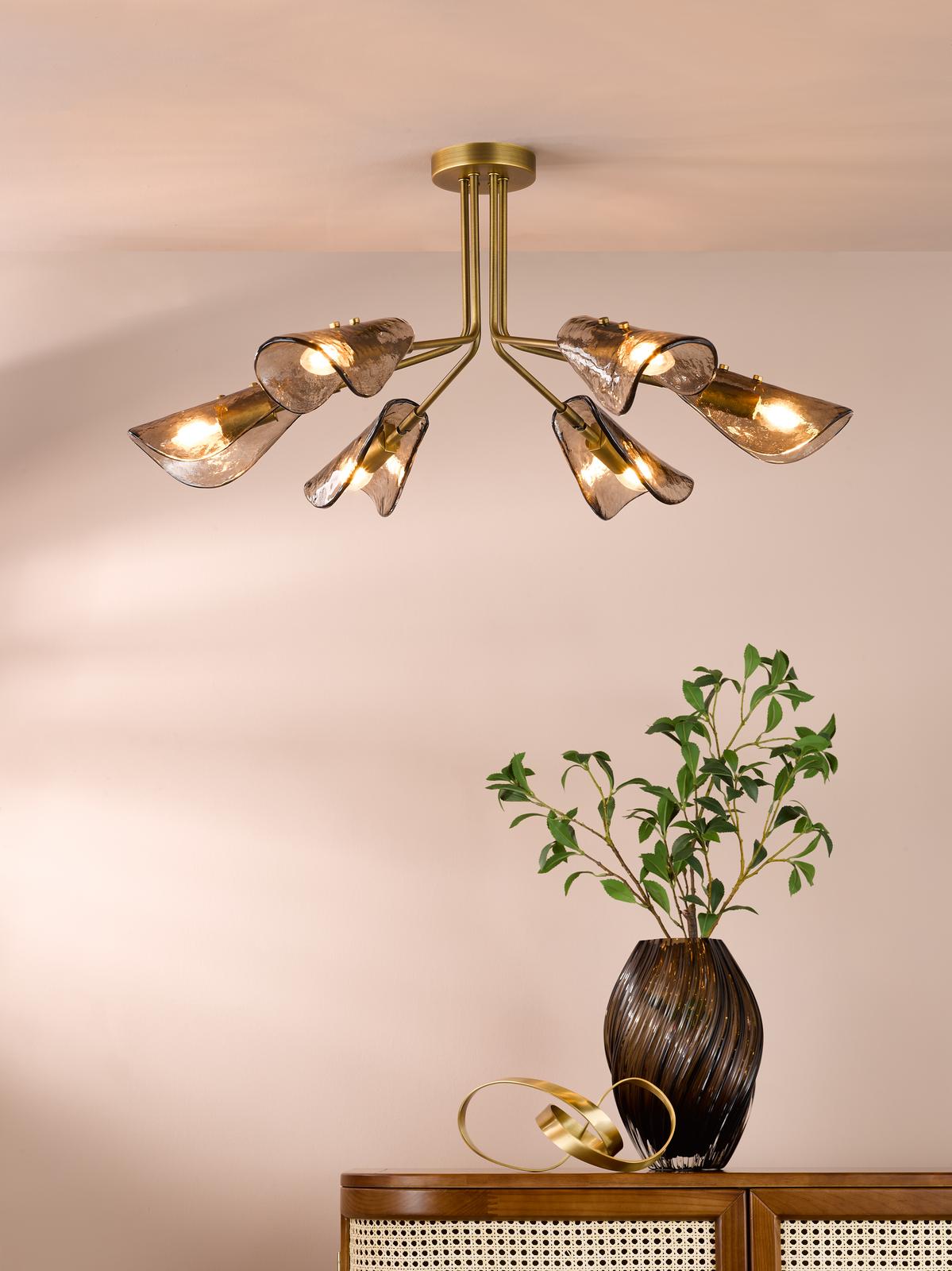 Ordelle 6 Light Adjustable Semi-Flush Antique Bronze and Tea Smoked Glass