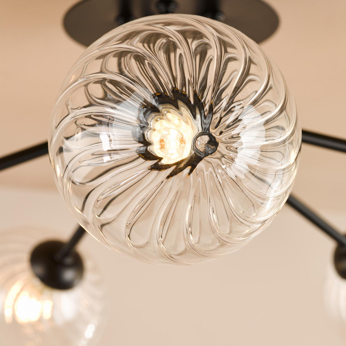 Poyen 5 Light Semi-Flush Matt Black and Ribbed Glass