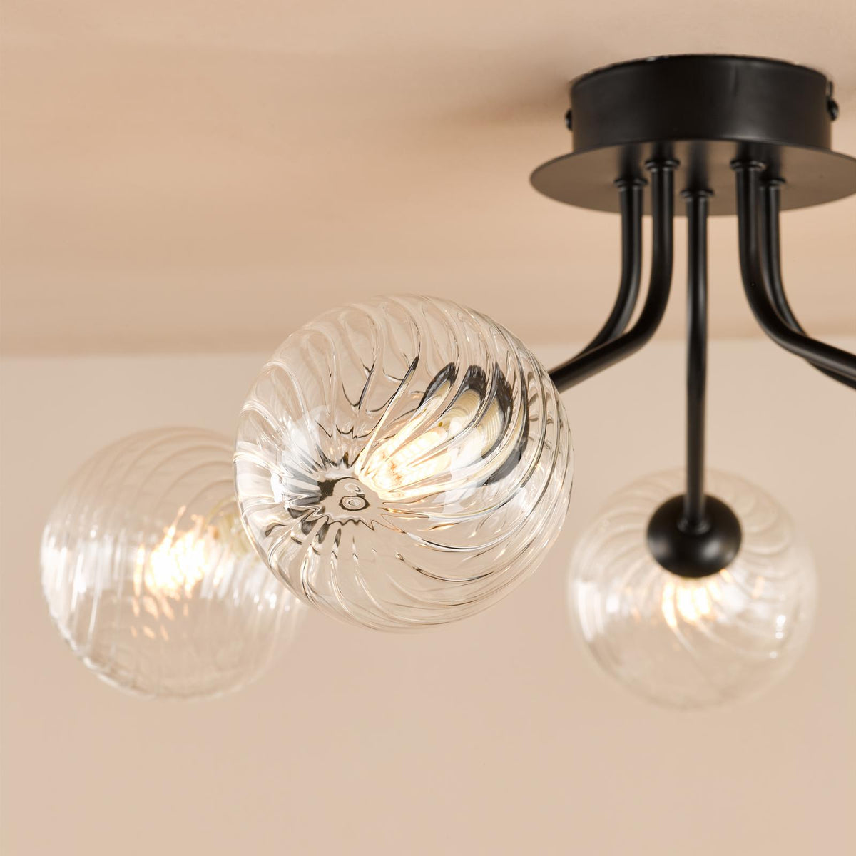 Poyen 5 Light Semi-Flush Matt Black and Ribbed Glass