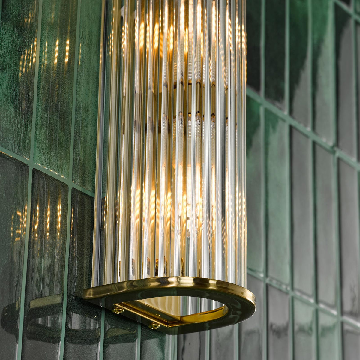 Tobiah 4 Light Bathroom Wall Light Natural Brass and Glass IP44