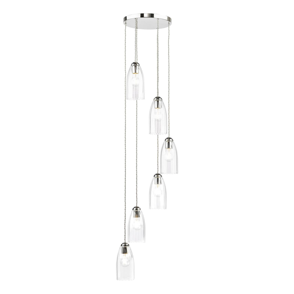 Valora 6 Light Cluster Pendant Polished Nickel and Ribbed Glass