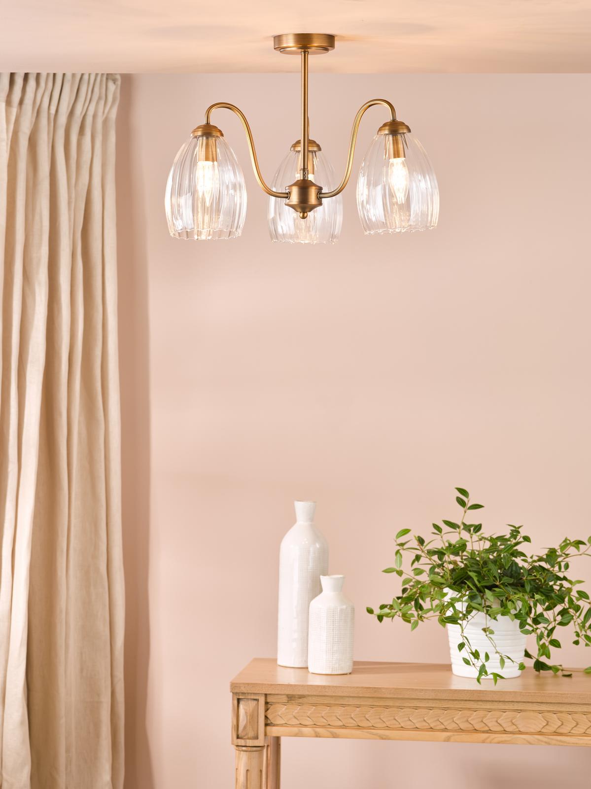 Valora 3 Light Semi-Flush Antique Bronze and Ribbed Glass
