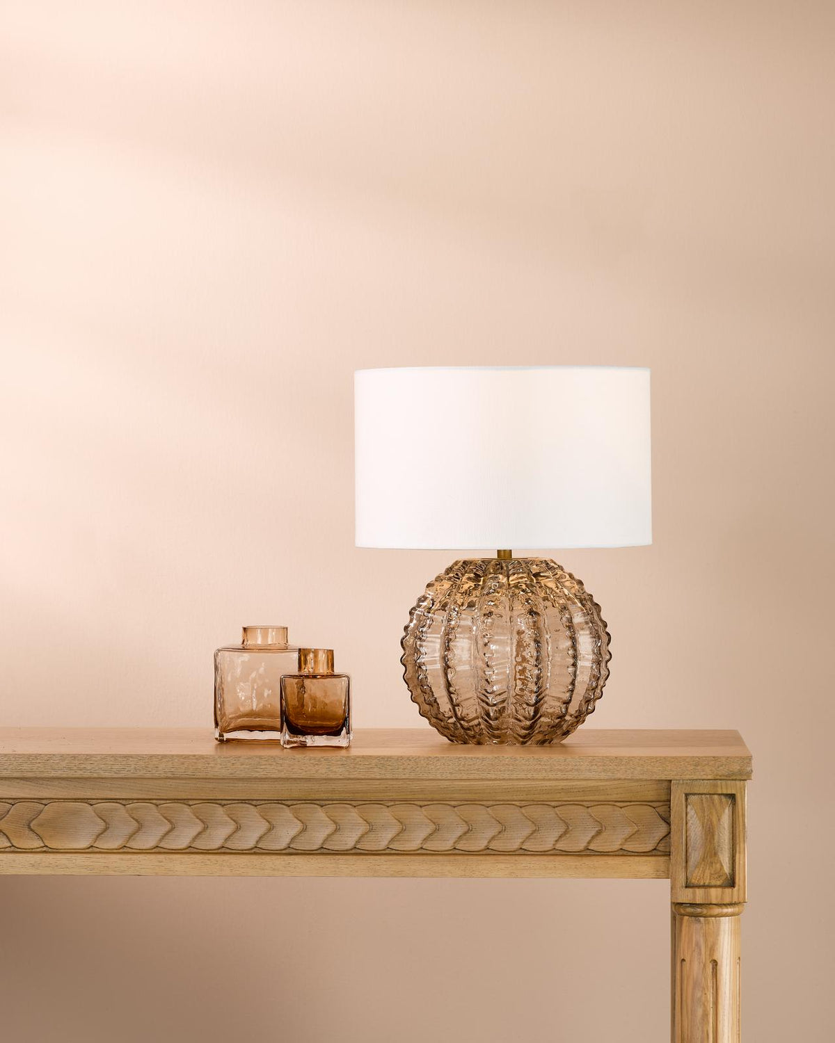 Zorin Table Lamp Tea Glass and Antique Brass With Linen Shade