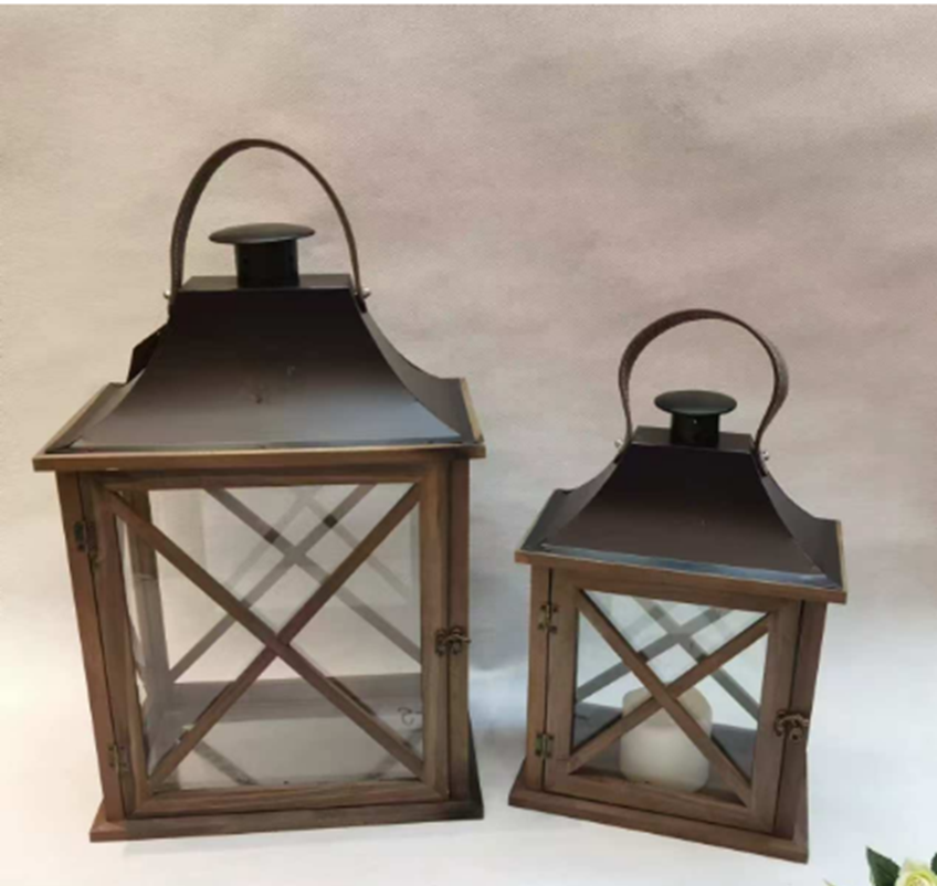 Rustic Wood & Glass Lantern Set